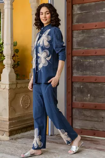 Blue embroidered cotton co-ord set