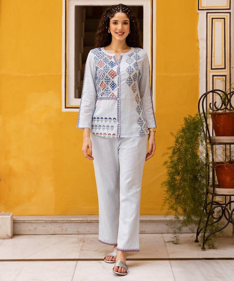 Sky blue embroidered cotton co-ord set