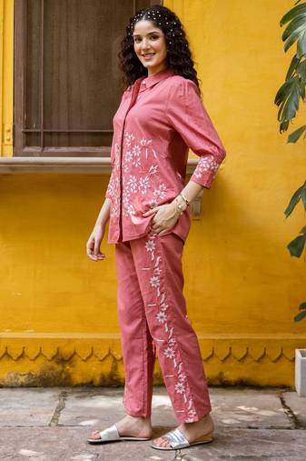Pink embroidered cotton co-ord set