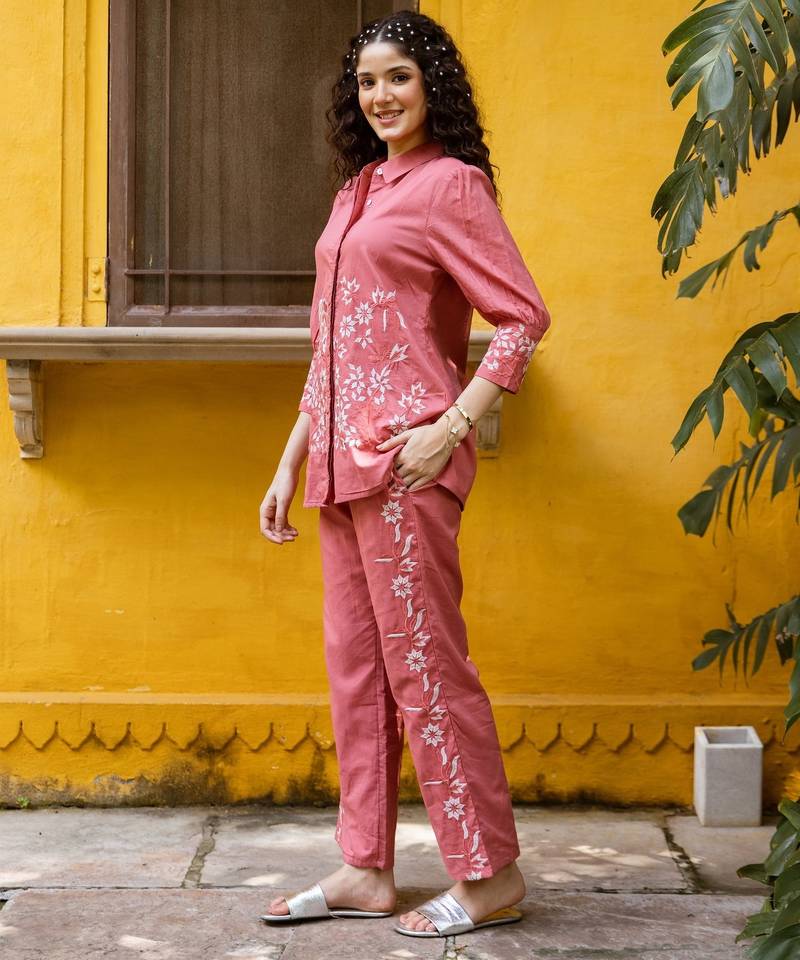 Pink embroidered cotton co-ord set