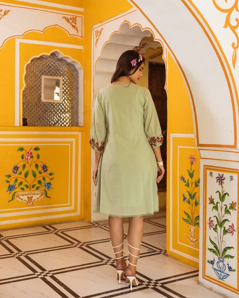 Green embroidered cotton dress