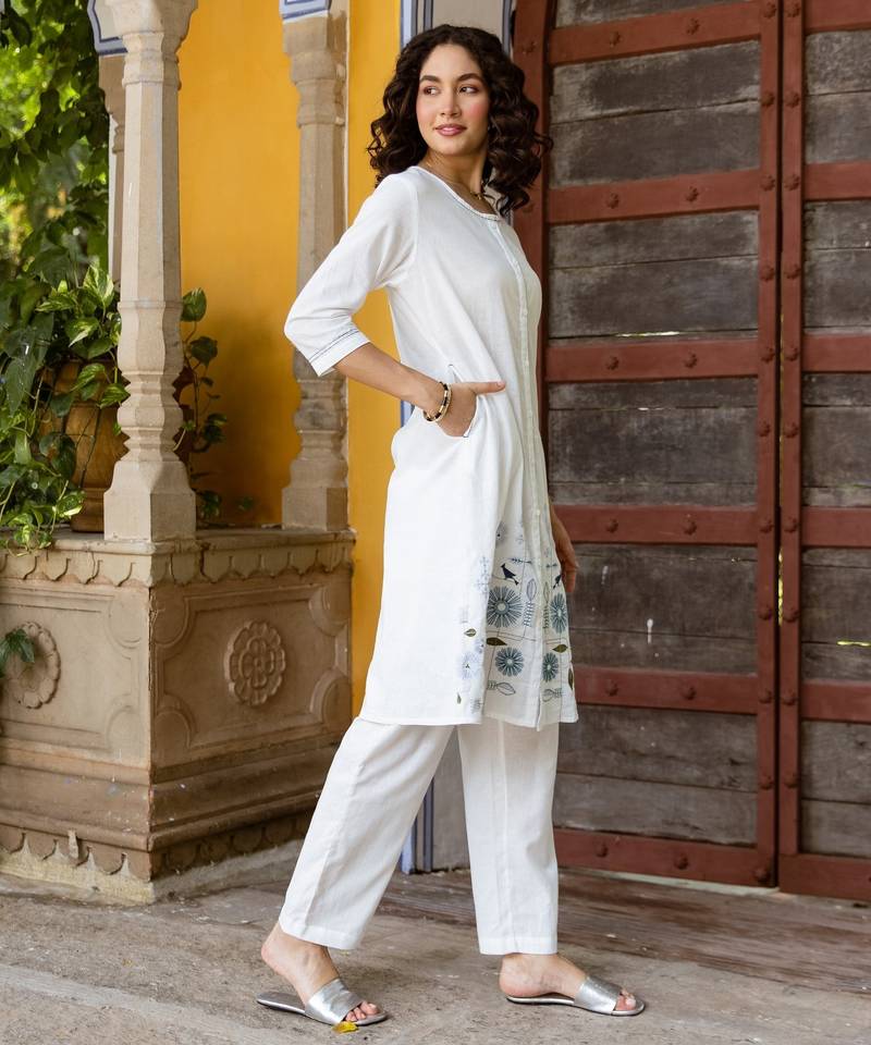 White embroidered cotton 1 kurta bottom