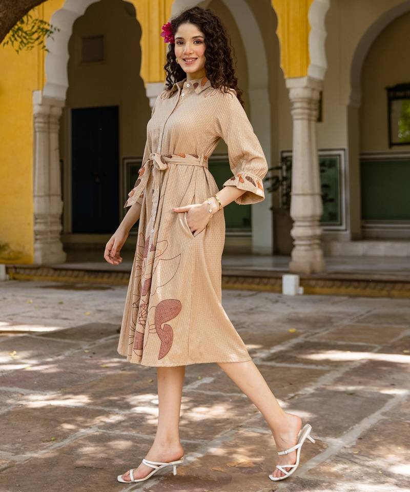Beige embroidered cotton dress