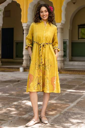 Mustard embroidered cotton dress