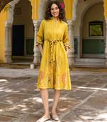 Mustard embroidered cotton dress