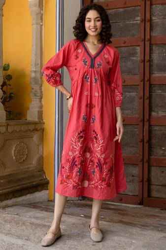 Red embroidered cotton dress