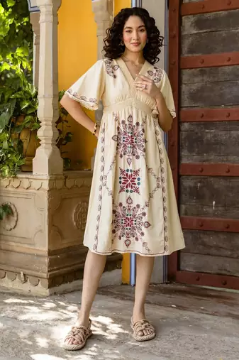 Beige embroidered cotton dress