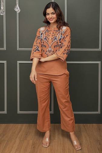 Brown embroidered cotton co-ord set