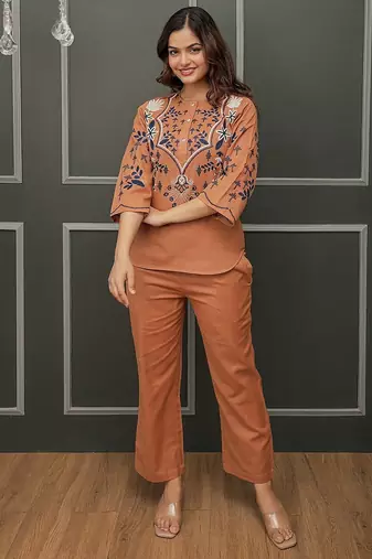 Brown embroidered cotton co-ord set