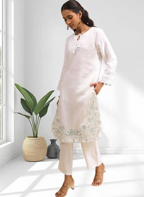 Off white cotton long kurti set for women's 3