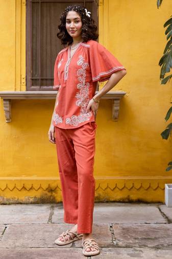 Orange embroidered cotton co-ord set