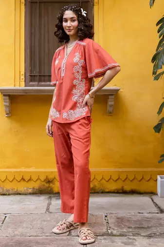 Orange embroidered cotton co-ord set