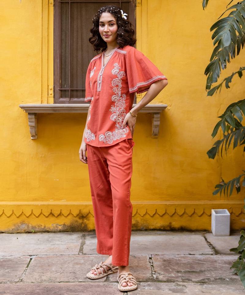 Orange embroidered cotton co-ord set