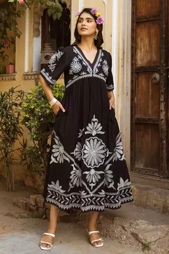 Black embroidered cotton dress