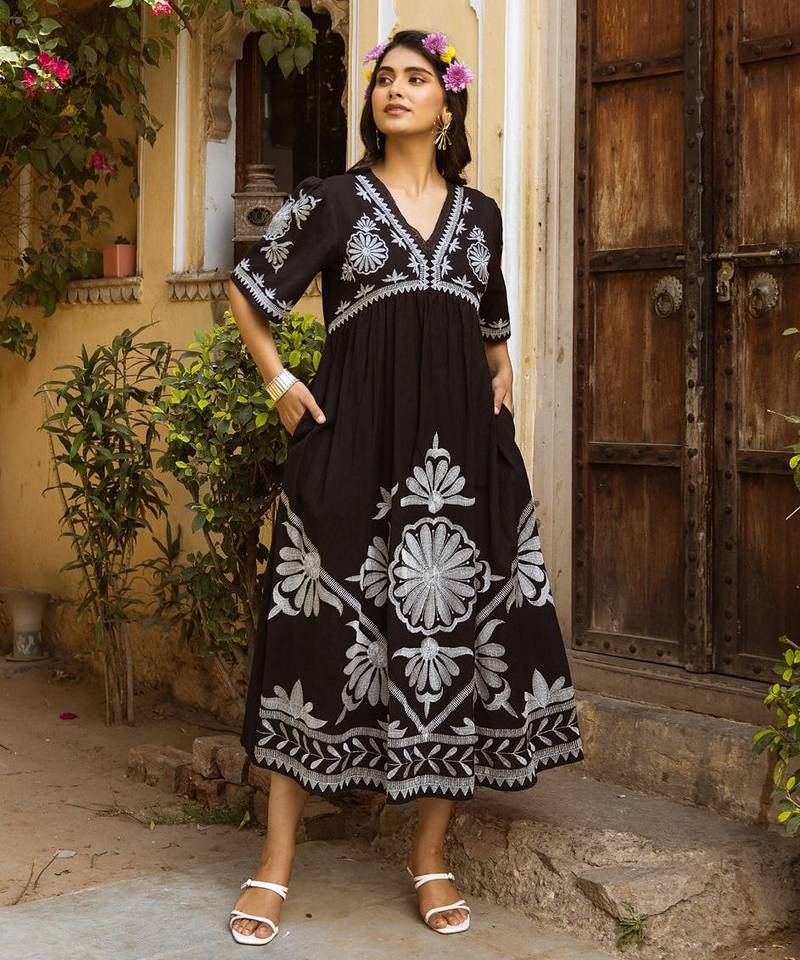 Black embroidered cotton dress