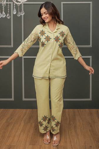 Green embroidered cotton co-ord set