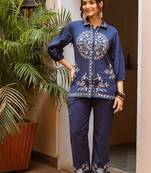 Blue embroidered cotton top 1 pair pants