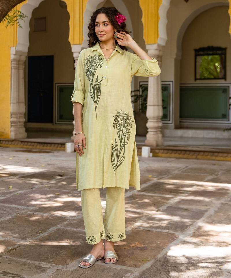 Green embroidered cotton 1 kurta bottom