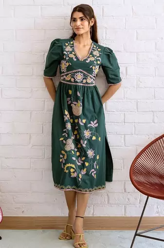 Teal green embroidered cotton dress