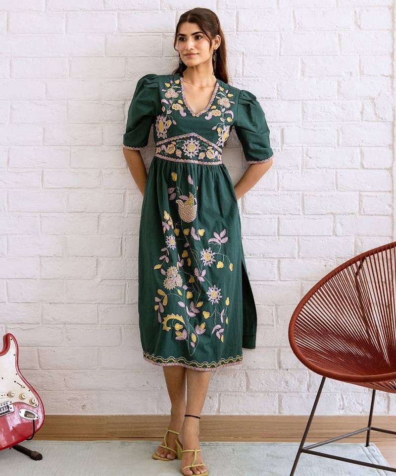 Teal green embroidered cotton dress