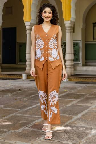 Brown embroidered cotton co-ord set