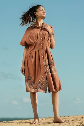 Brown embroidered cotton dress