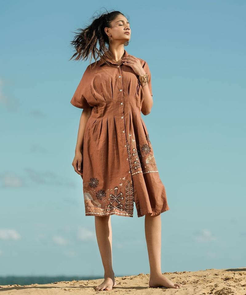 Brown embroidered cotton dress