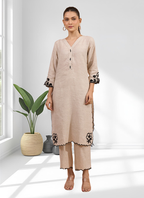 Beige cotton long kurti set for women's 1