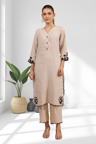 Beige cotton long kurti set for women's