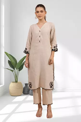 Beige cotton long kurti set for women's