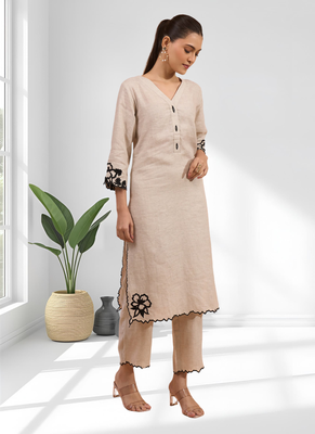 Beige cotton long kurti set for women's 3
