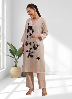 Beige cotton long kurti set for women's 1