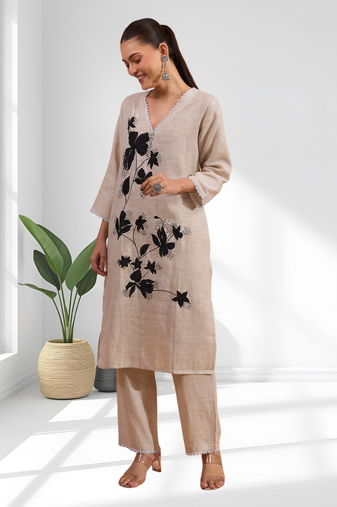 Beige cotton long kurti set for women's