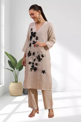 Beige cotton long kurti set for women's