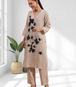 Beige cotton long kurti set for women's