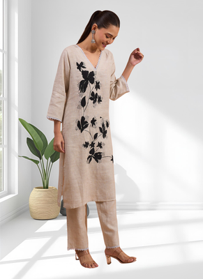 Beige cotton long kurti set for women's 4