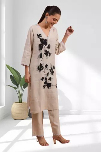 Beige cotton long kurti set for women's