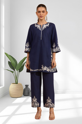 Navy blue cotton aari work kurta set for women's