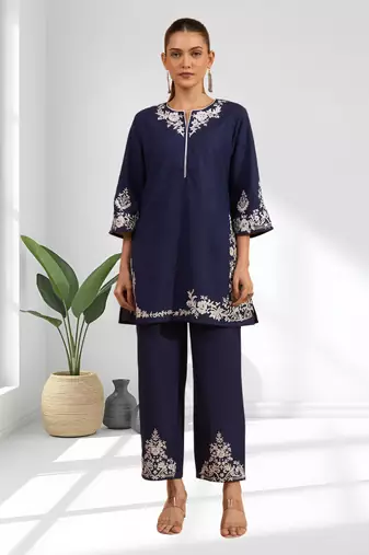 Navy blue cotton aari work kurta set for women's