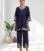 Navy blue cotton aari work kurta set for women's