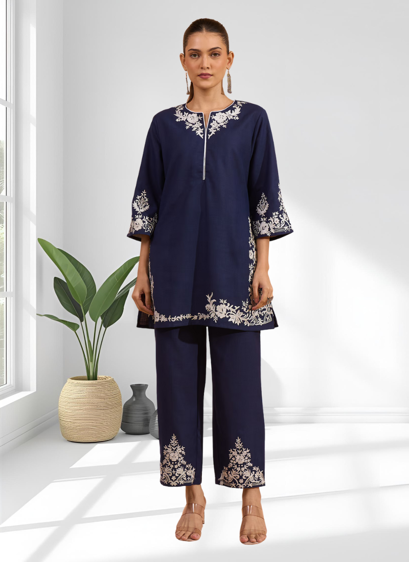 Navy blue cotton aari work kurta set for women's