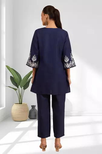 Navy blue cotton aari work kurta set for women's
