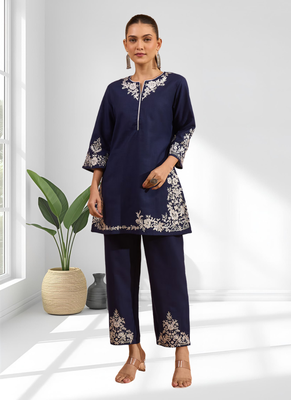 Navy blue cotton aari work kurta set for women's 3
