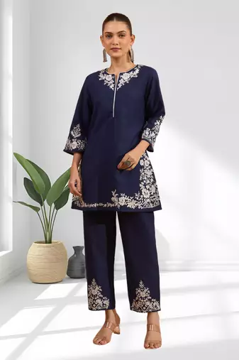 Navy blue cotton aari work kurta set for women's