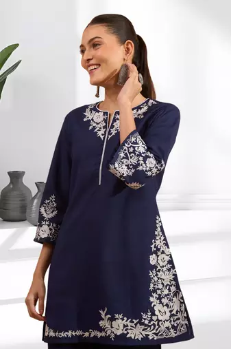Navy blue cotton aari work kurta set for women's