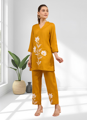 Orange cotton aari work kurta set for women's 1