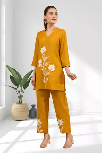 Orange cotton aari work kurta set for women's