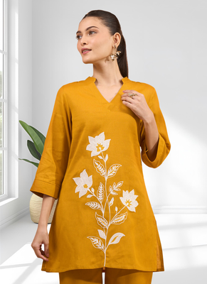 Orange cotton aari work kurta set for women's 3