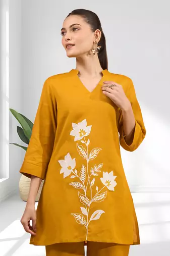 Orange cotton aari work kurta set for women's