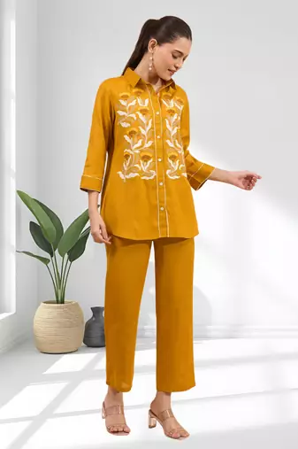 Orange cotton aari work shirt pant for women's